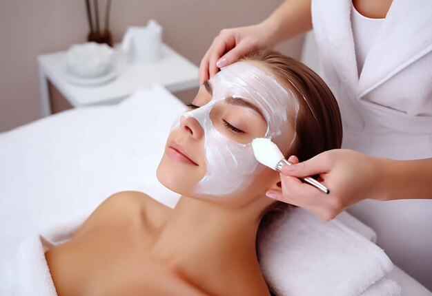 Foto foto de una joven y linda mujer recibiendo tratamiento facial y con mascarilla en el salón