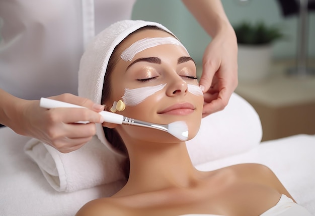 Foto de una joven y linda mujer recibiendo tratamiento facial y con mascarilla en el salón