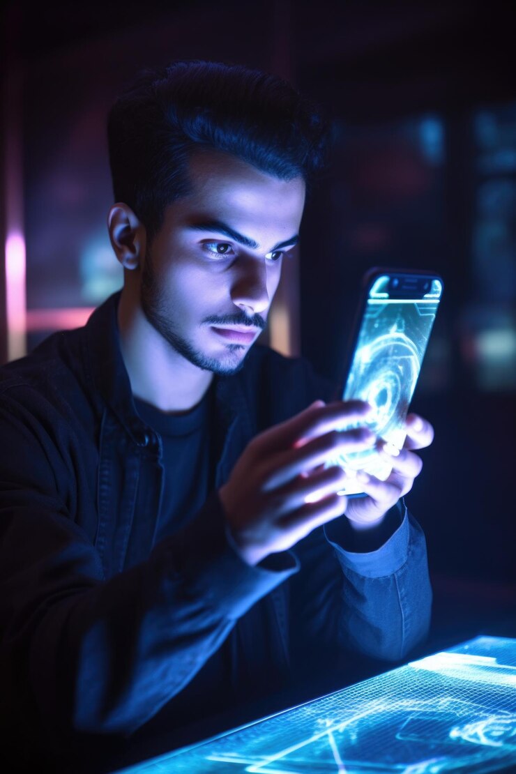 Foto de un joven mirando un holograma mientras usa su teléfono inteligente