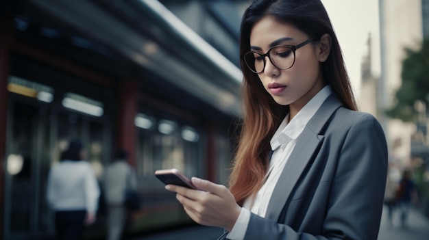 Foto de la joven mujer de negocios usando un teléfono inteligente