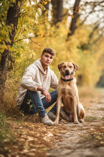 Foto de un joven en la naturaleza con su perro.