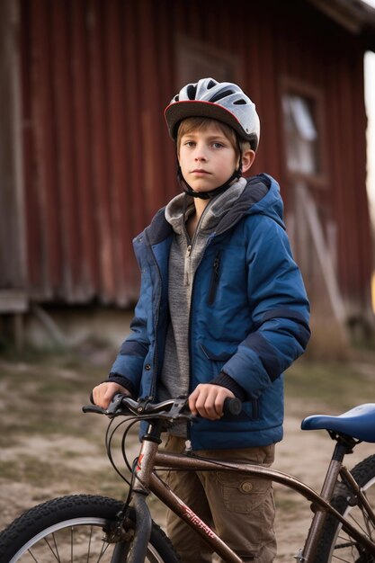 Foto de un joven parado afuera con su bicicleta