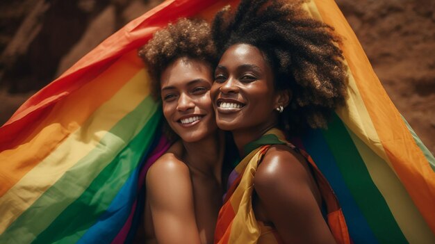 Foto joven pareja de lesbianas celebra el mes del orgullo