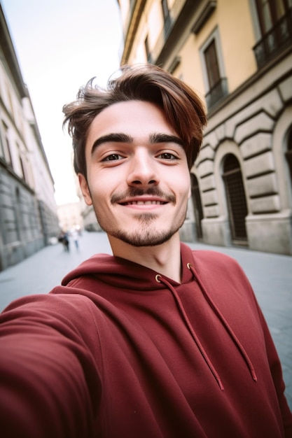 Foto de un joven posando para una selfie en la ciudad.