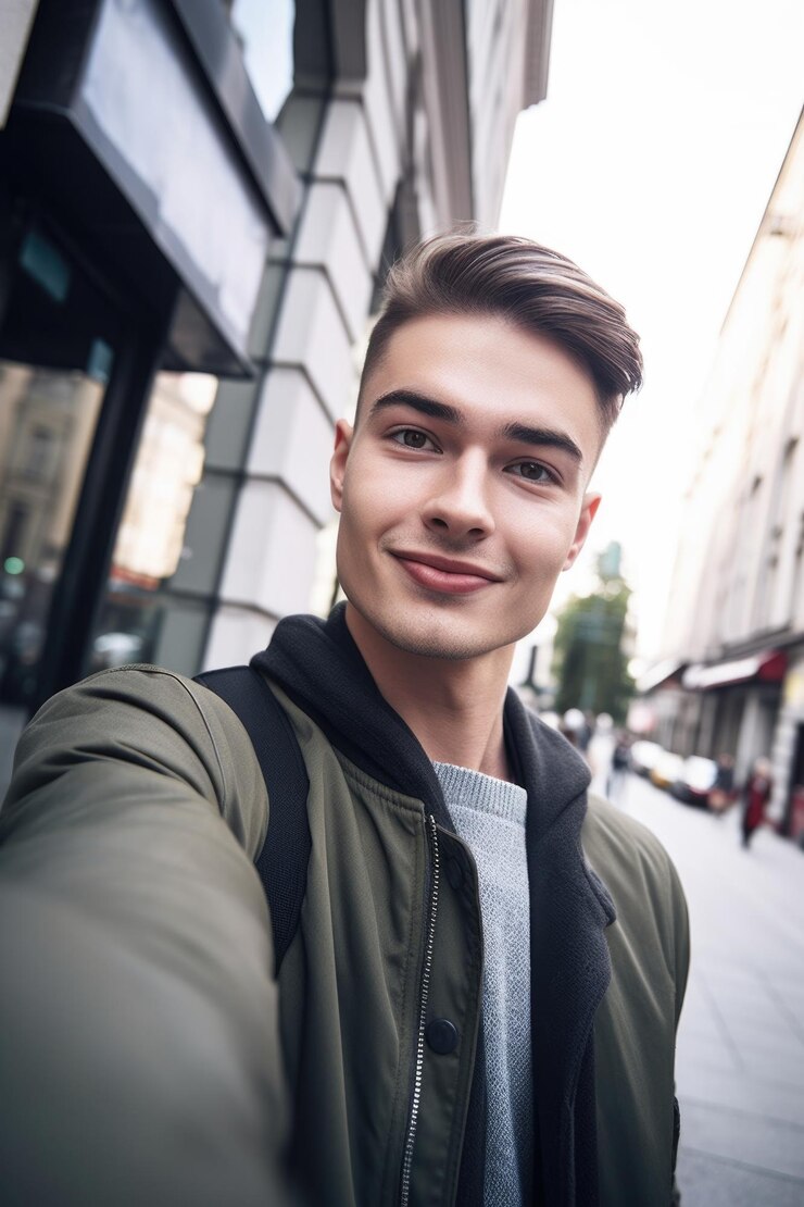 Foto de un joven posando para una selfie en la ciudad.
