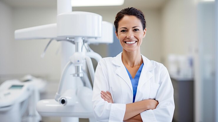 Foto foto de una joven profesional y bonita dentista está de pie en el consultorio dental