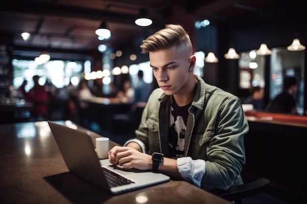 Foto de un joven que trabaja en su computadora portátil en una cafetería creada con IA generativa