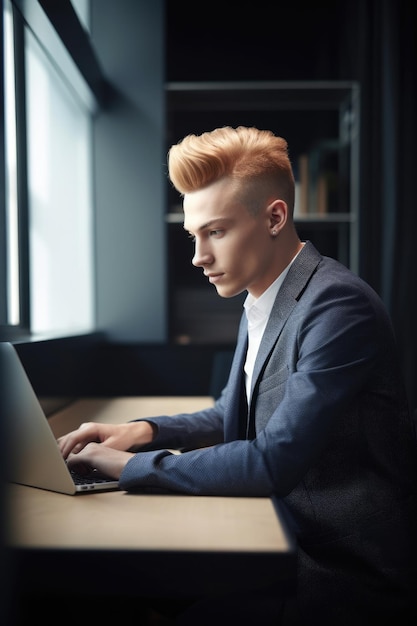 Foto de un joven que usa una computadora portátil en el trabajo en una oficina moderna creada con IA generativa