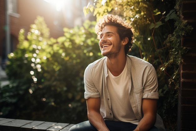 Foto de un joven radiante riendo durante una conversación casual IA generativa