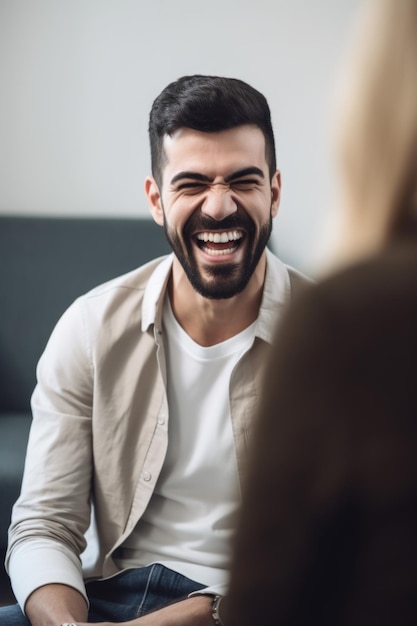 Foto de un joven riéndose en la sala de espera de su psiquiatra.