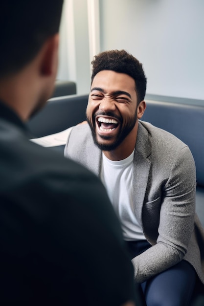 Foto de un joven riéndose en la sala de espera de su psiquiatra.