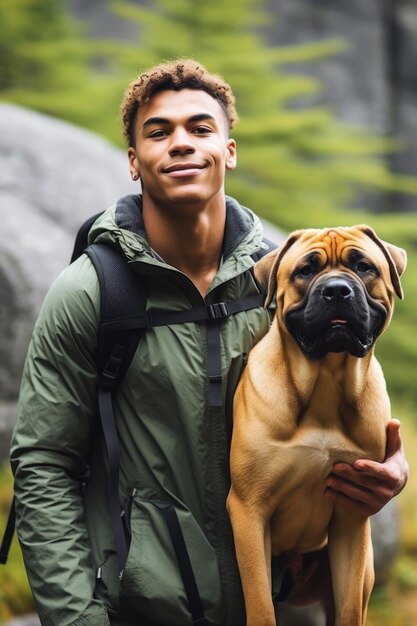 Foto foto de un joven saliendo de excursión con su perro