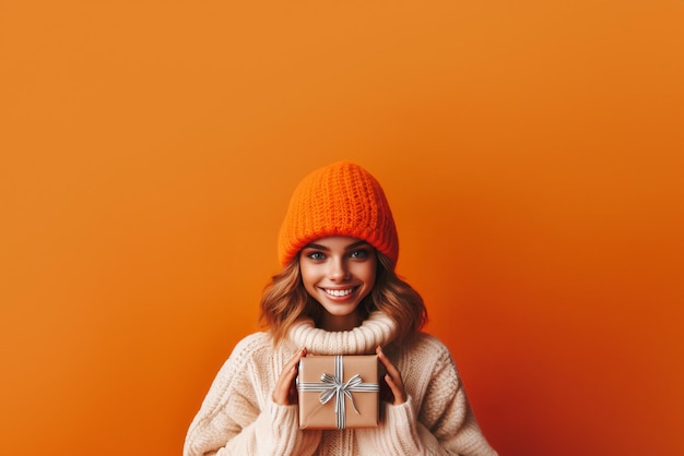 Foto foto de una joven sonriente con suéter y sombrero sosteniendo una caja de regalos y mirando a la cámara sobre naranja
