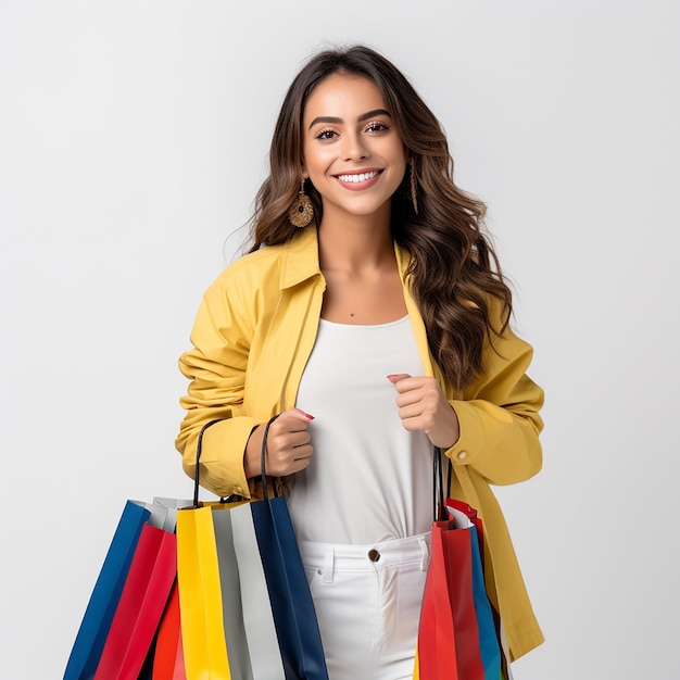 Foto joven sosteniendo bolsas de compras y sonriendo fondo blanco.