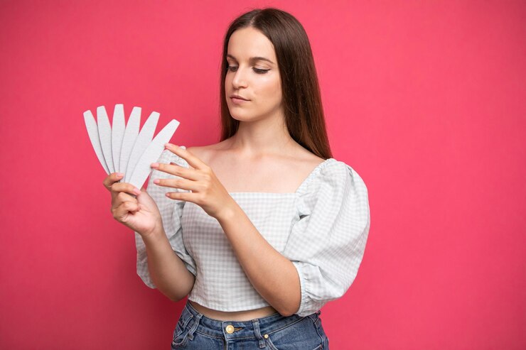 foto de una joven sosteniendo limas de uñas y eligiendo una de ellas