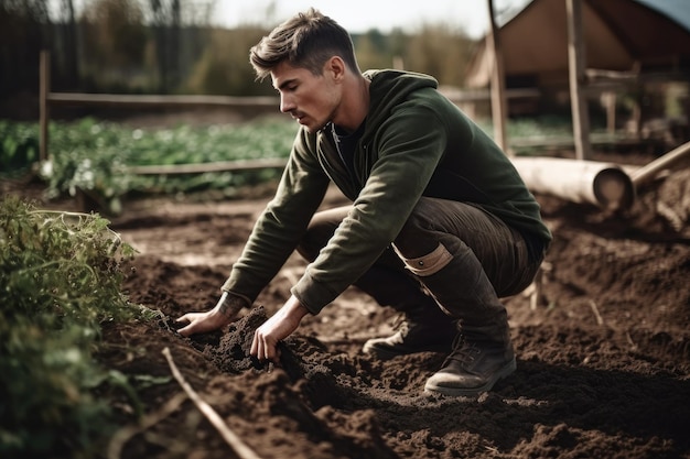 Foto de un joven trabajando en una granja.