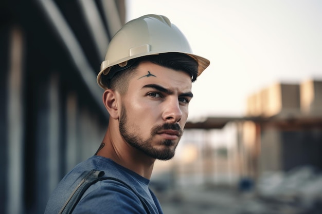 Foto foto de un joven usando su casco en una obra en construcción