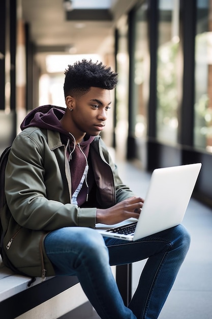 Foto de un joven usando su computadora portátil mientras está sentado en el área común de un campus universitario