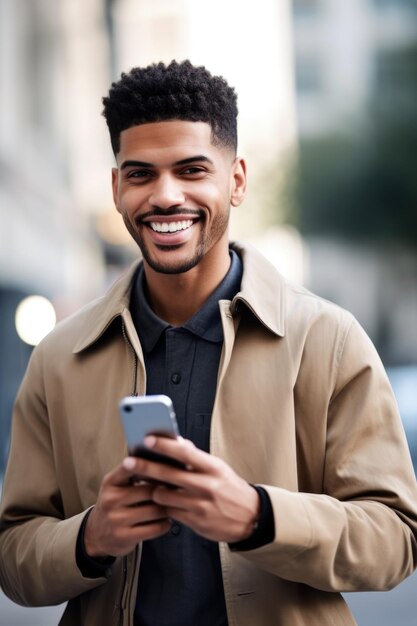 Foto de un joven usando un teléfono celular afuera