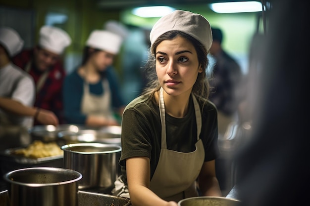 Foto foto de una joven voluntaria en un comedor de beneficencia creado con inteligencia artificial generativa