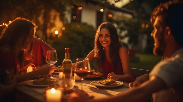 Foto de jóvenes disfrutando de una deliciosa cena de barbacoa bebiendo vino tinto