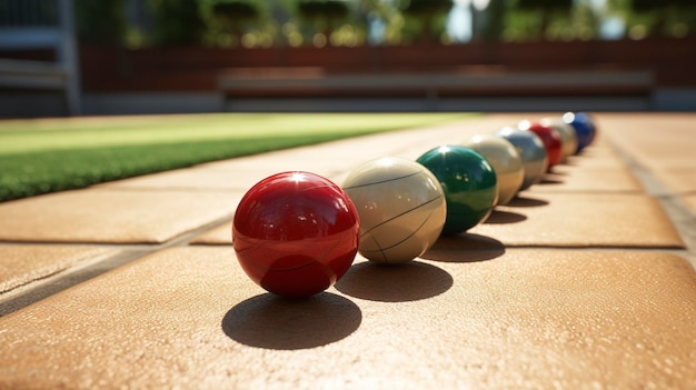 Una foto de un juego de bolas de bochas en una cancha.