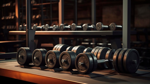 Una foto de un juego de pesas en un gimnasio.