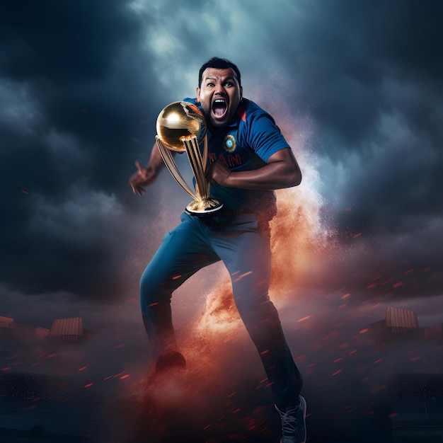 Foto del jugador indain rohit shrama con el trofeo de la copa mundial icc man generative ai