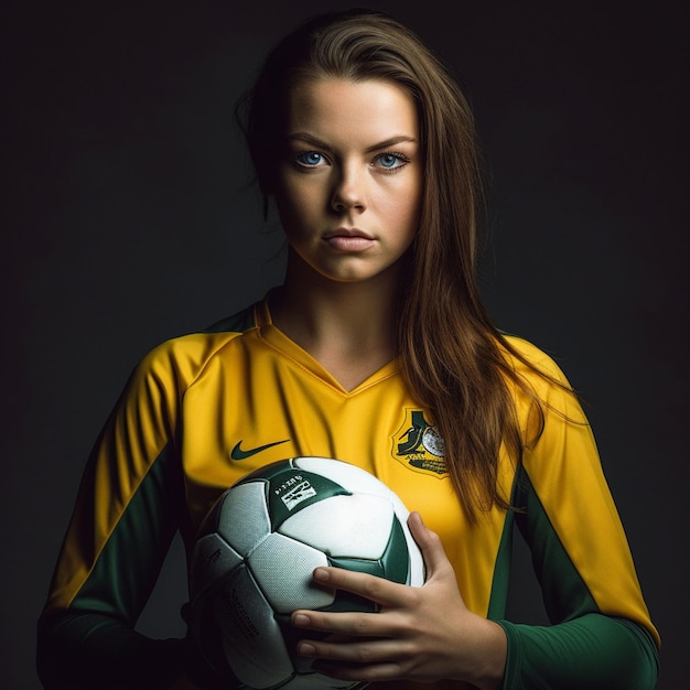 Foto foto jugadora de fútbol femenina pateando balón entrenando en acción y movimiento