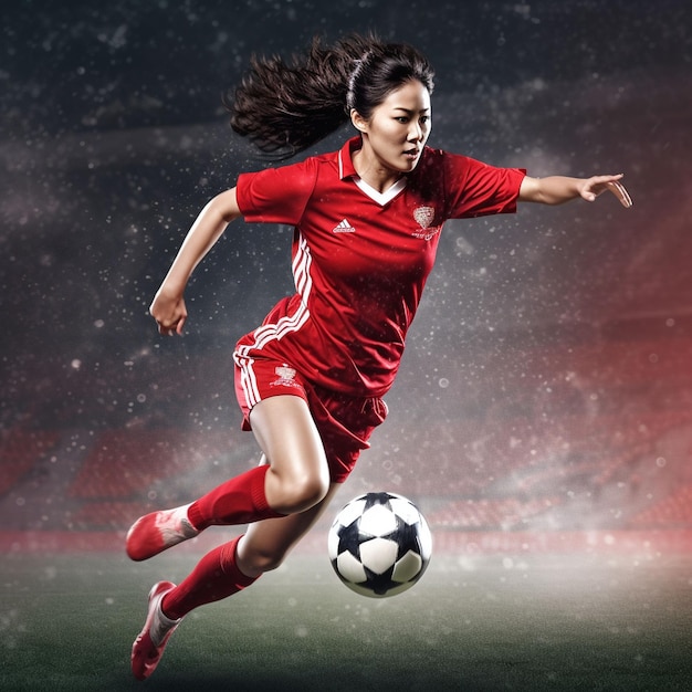 Foto jugadora de fútbol femenina pateando balón entrenando en acción y movimiento