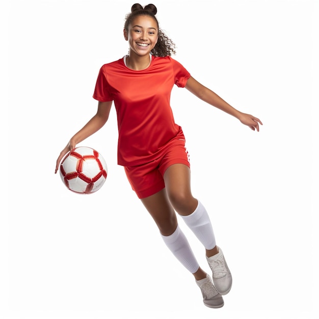Foto jugadora de fútbol femenina pateando balón entrenando en acción y movimiento