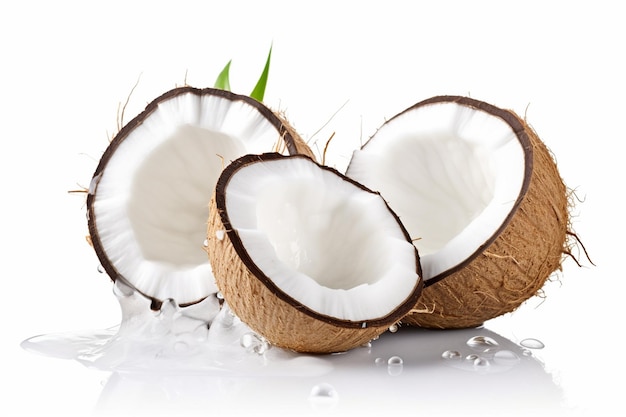 Foto de jugo de coco joven y fresco con gotas de agua aisladas sobre un fondo blanco
