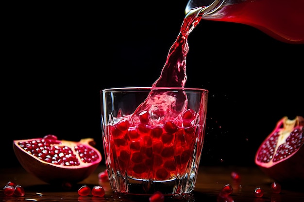 Foto del jugo de granada que se vierte en un vaso