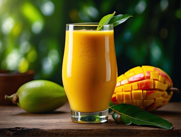 Foto jugo de mango y mango en una mesa