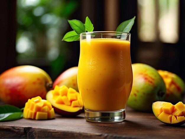 Foto jugo de mango y mango en una mesa