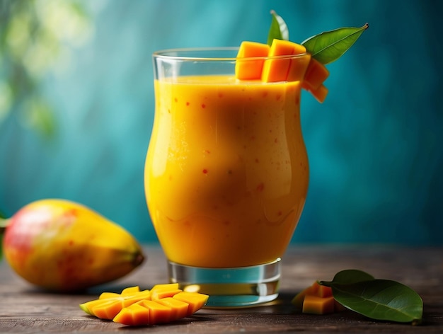 Foto jugo de mango y mango en una mesa