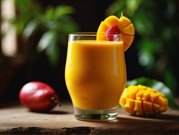 Foto jugo de mango y mango en una mesa