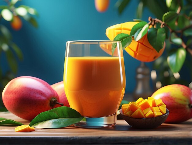 Foto jugo de mango y mango en una mesa