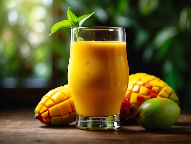 Foto jugo de mango y mango en una mesa
