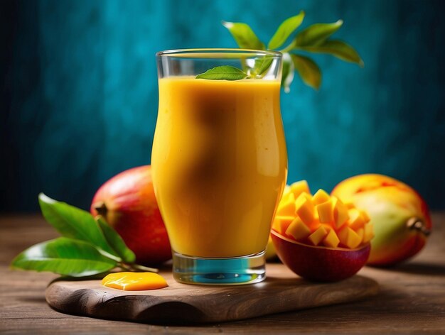 Foto jugo de mango y mango en una mesa