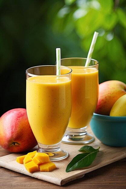 Foto jugo de mango y mango en una mesa