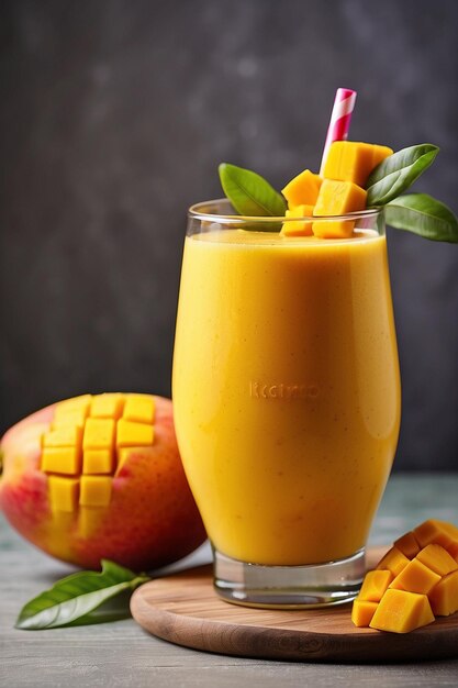 Foto jugo de mango y mango en una mesa