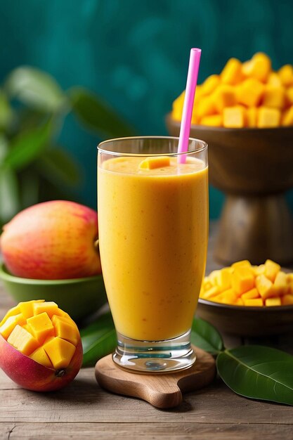 Foto jugo de mango y mango en una mesa