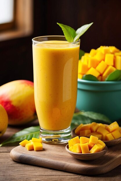 Foto jugo de mango y mango en una mesa