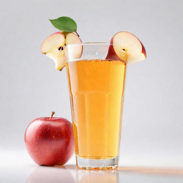 Foto de un jugo de manzana con pedazos de manzana aislados en un fondo liso