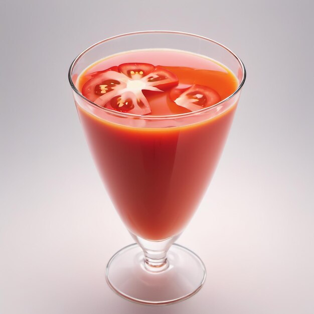 Foto foto de un jugo de tomate con pedazos de tomate aislados en un fondo liso