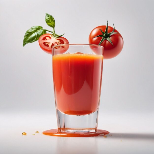 Foto foto de un jugo de tomate con pedazos de tomate aislados en un fondo liso