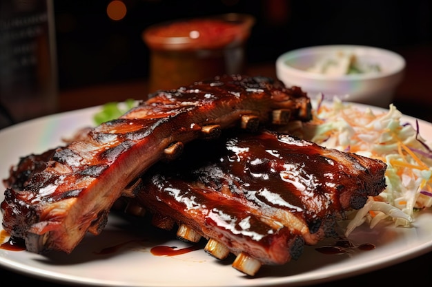 Foto de jugosas costillas a la barbacoa con carbón en un plato blanco.