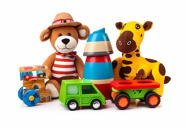 Foto foto de juguetes coloridos para niños sobre fondo blanco.