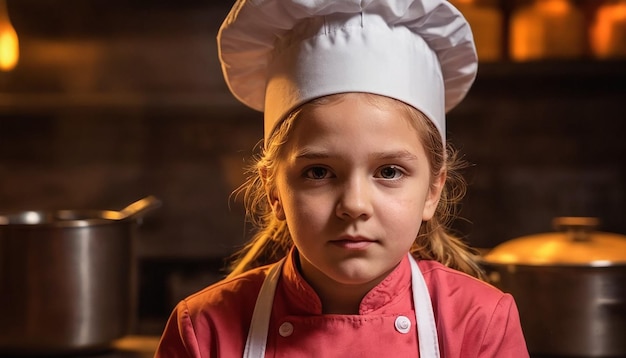 Foto junge schöne weibliche Küche Menü Kinder kochen kleines Mädchen Koch Kostüm Uniform